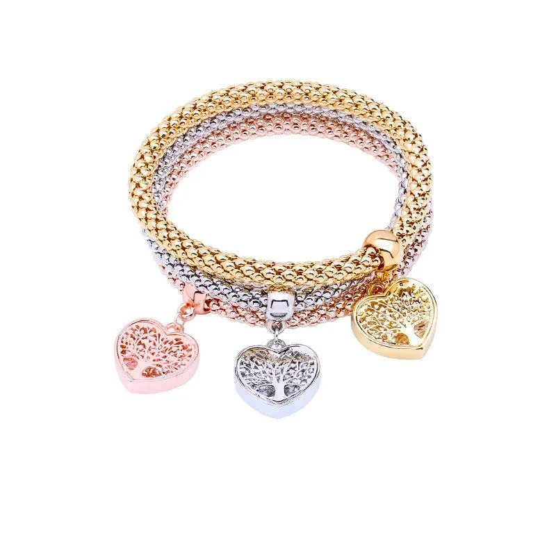 3pc/set Tree of Life Charm -armband österrikiska strass Guld Silver Rose 3 färg Elastisk kedja Bangle for Women Fashion Jewelry Gift