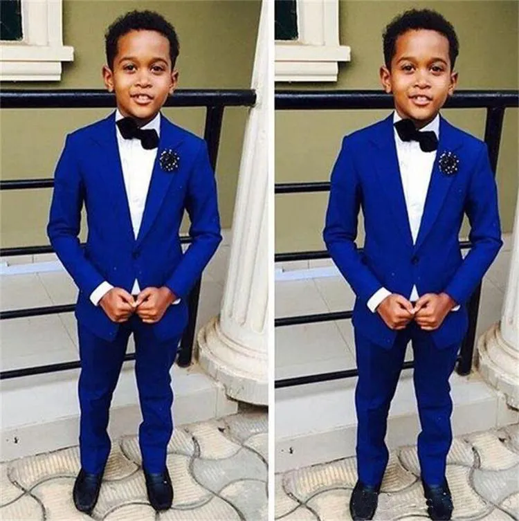 Royal Blue Kids Formal Wear Bruiloft Bruidegom Tuxedos Twee Piece Notched Revers Bloem Boys Children Party Past