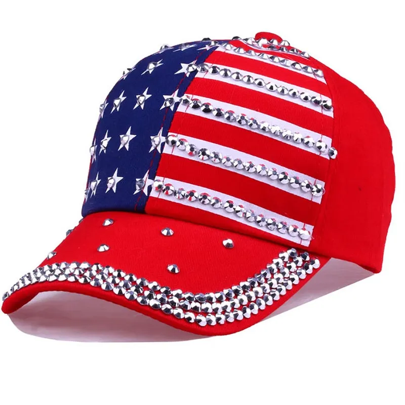 Мода повседневная каскат женщин бейсболка девочки Sparkle Rinestone USA Patriotic American Flag Lady Cap Hats