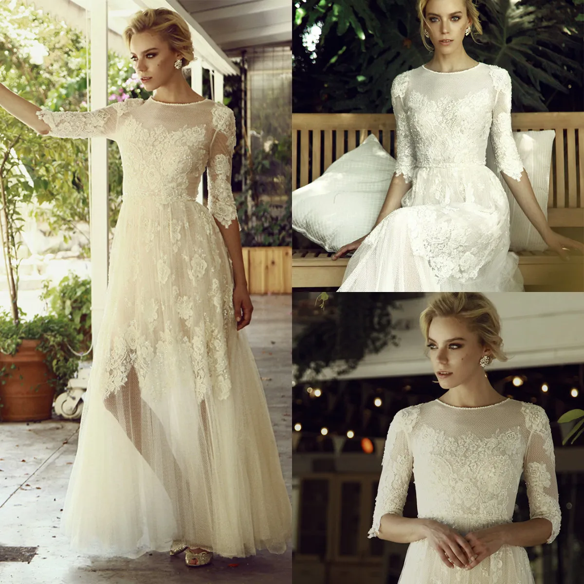 Modest Country Wedding Dresses Jewel Neck Illusion Half Long Sleeves ...