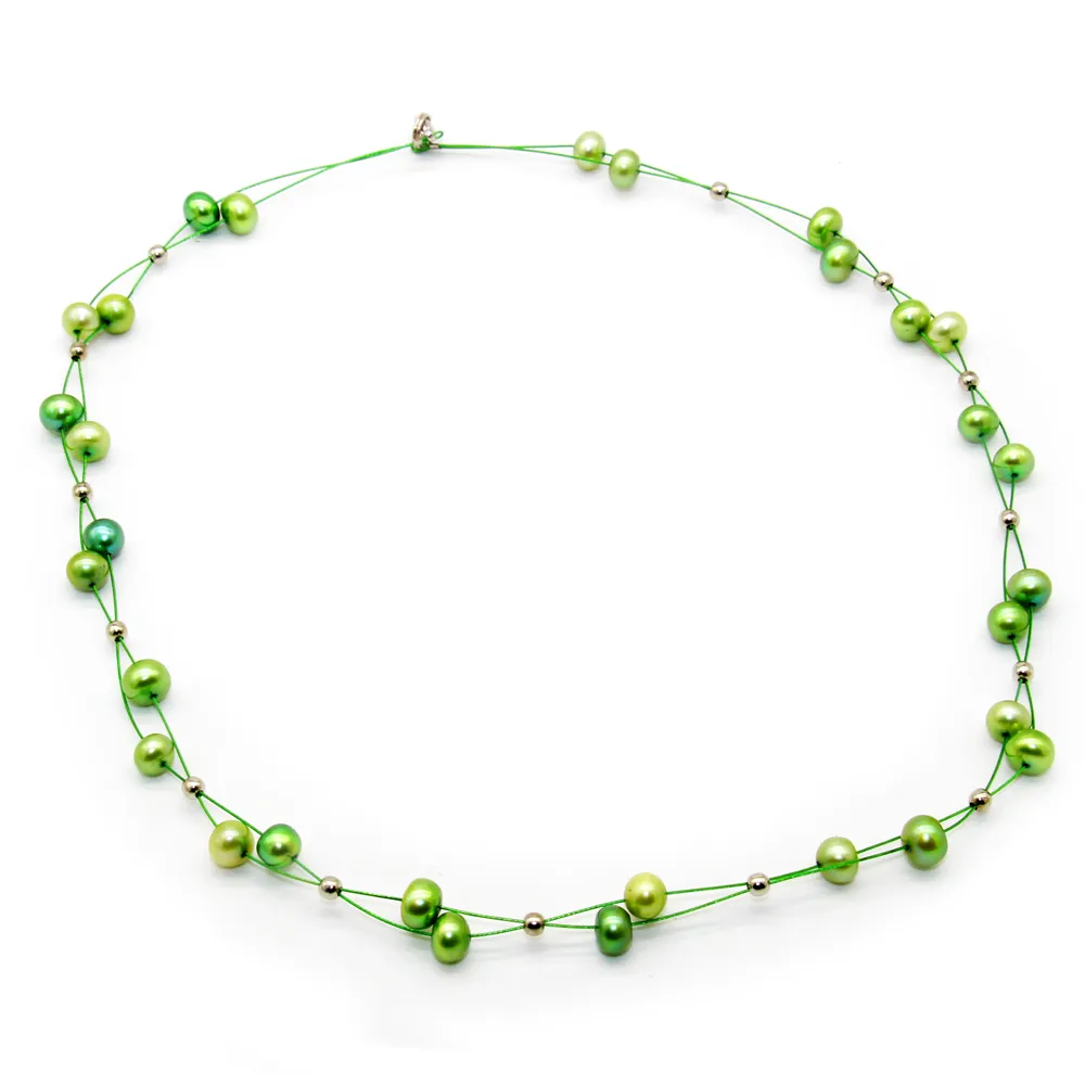 Den senaste modescharmsmycken Natural Freshwater Pearl Necklace 6-8mm Green Round Flat Pearl Necklace