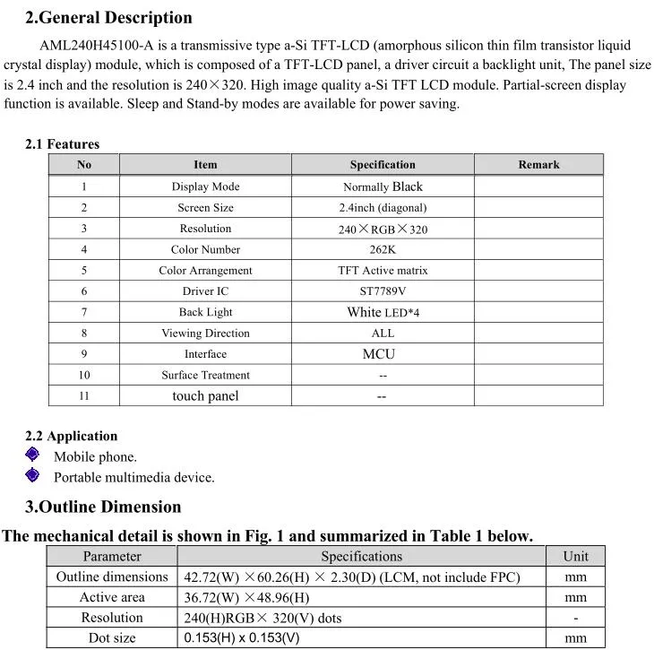 AML240H45100 شاشة 2.4 بوصة 240 * 320 tft وحدة شاشة LCD مع شاشة واجهة MCU ولوحة اللمس CTP