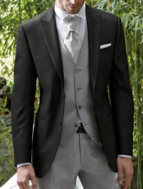Black Slim Fit Men Wedding Tuxedos Пик-лацканы для жениха Tuxedos Отличный мужской бизнес-ужин Prom Blazer 3 шт. Костюм (куртка + брюки + галстук + жилет) 270