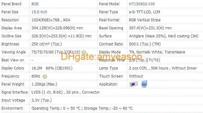 원래 BOE HT150X02-100 15 해상도 1024 * 768 디스플레이 화면 HT150X02-100 디스플레이 LCD