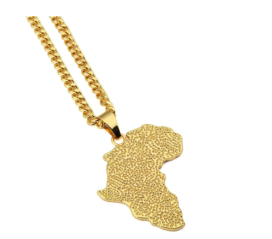 Africa Map Gold Pendant Necklace With 75cm Cuban Chain Hip Hop Jewelry Men Women Fashion Bijouterie for gift