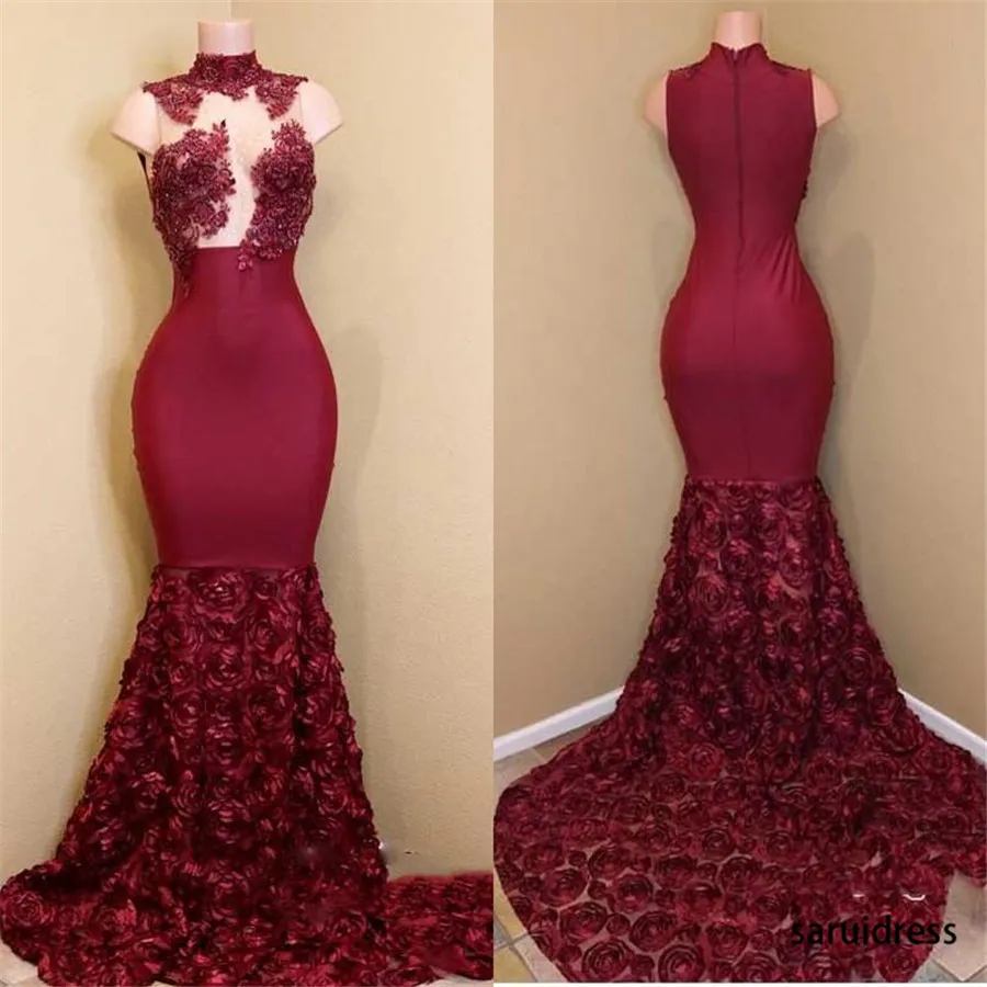 Prom Dresses Custom Made African Evening Dresses Dark-red 3d Rose Flower Prom Dresses Sexy High Neck Lace Appliqu Mermaid Long Prom Dresses