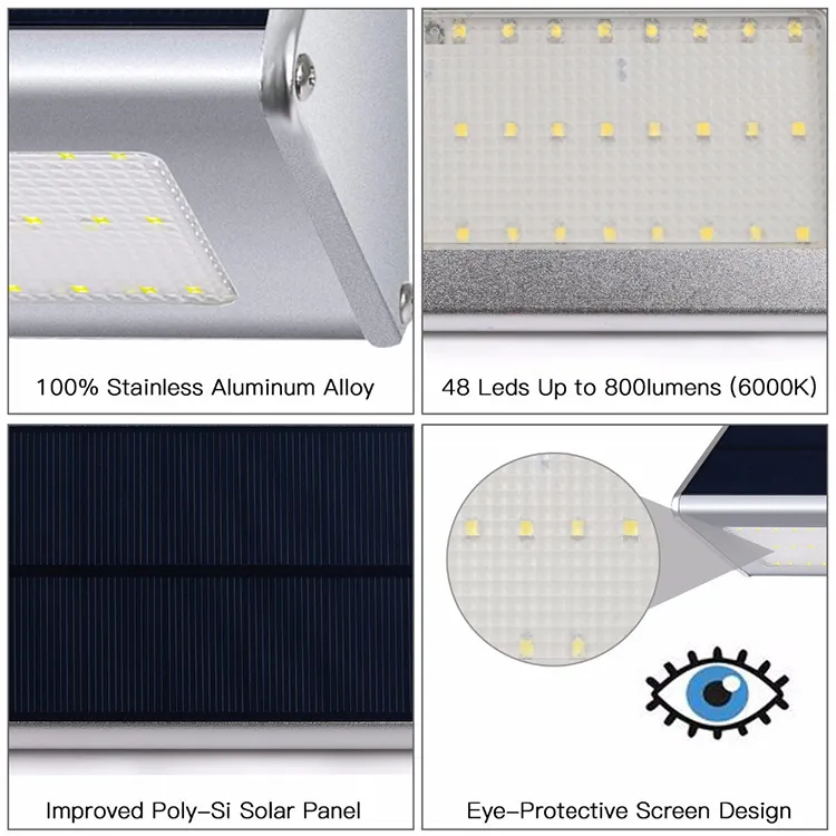 モーションセンサーの太陽電動のセキュリティランプ屋外ガーデンライト48leds 1000lm耐候性レーダー4モードLEDの壁はアルミニウムシェルを導きました