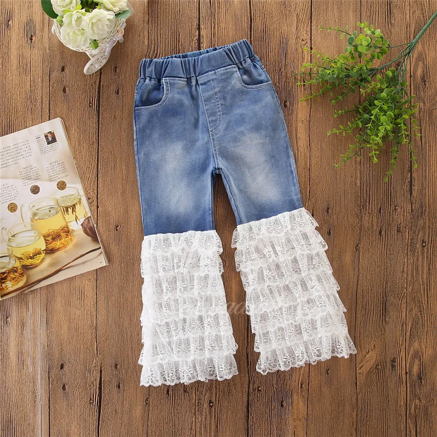 Mode 2018 Kinder Mädchen Kleidung Baby Mädchen Jeans Rüschen Spitze Flare Lange Hosen Boutique Mädchen Hosen Kleinkind Mädchen Kleidung Kinder Denim Hosen