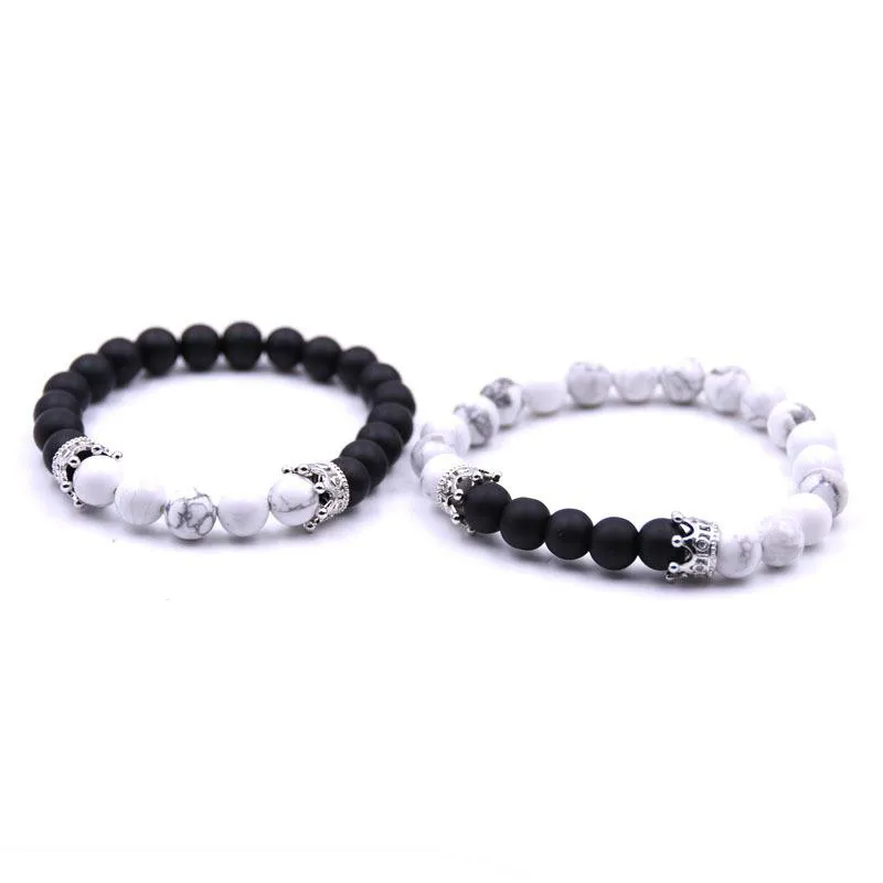 8 mm nero opaco agata bianca howlite pietra corona re perline lui e lei gioielli braccialetto amante coppia