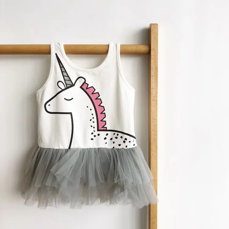 2018 Lato Dziewczynka Ubrania Cute White Cartoon Unicorn Romper Sukienka Dziewczyny Bez Rękawów Tank Dress Baby Tutu Pani Dzieci Odzież