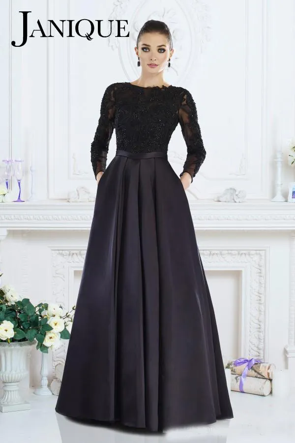 2019 Janique Black Long Sleeves Formal Gowns A-Line Jewel Lace Beaded Mother of The Bride Dresses Custom Made Women Evening Wear