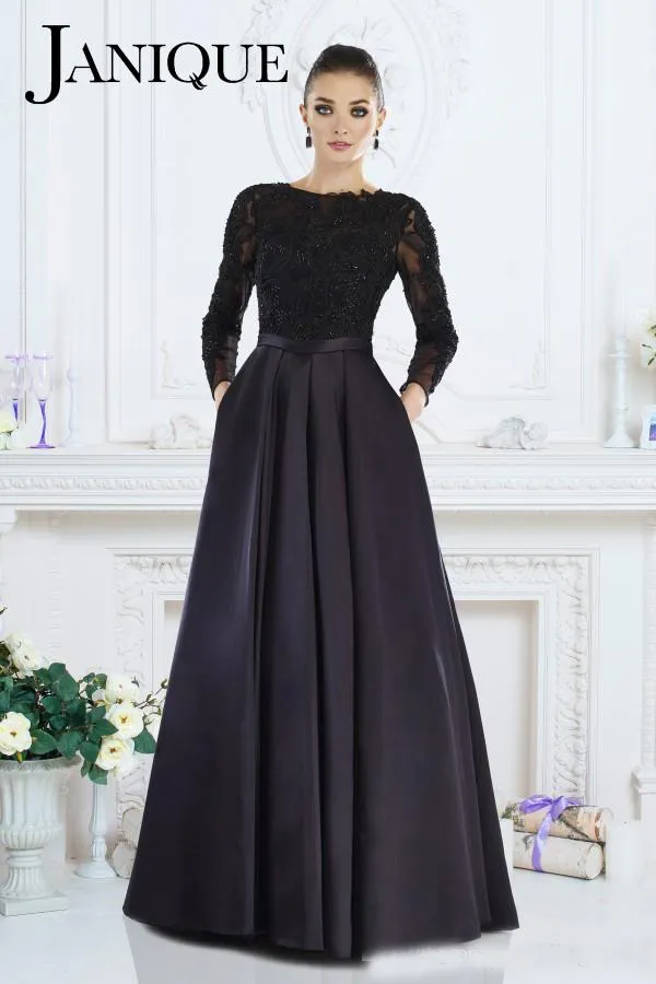 2019 Janique Black Long ärmar Formella klänningar A-Line Jewel Lace Pärled Mother of the Bride Dresses Custom Made Women Evening Wear307o