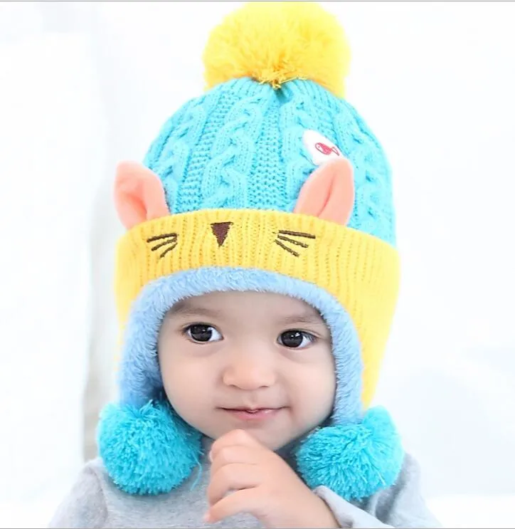 Warm cartoon animal cat ear hat knitted plush baby earmuffs beaine kids toddler caps crocheted beanies for boy girl wholesale