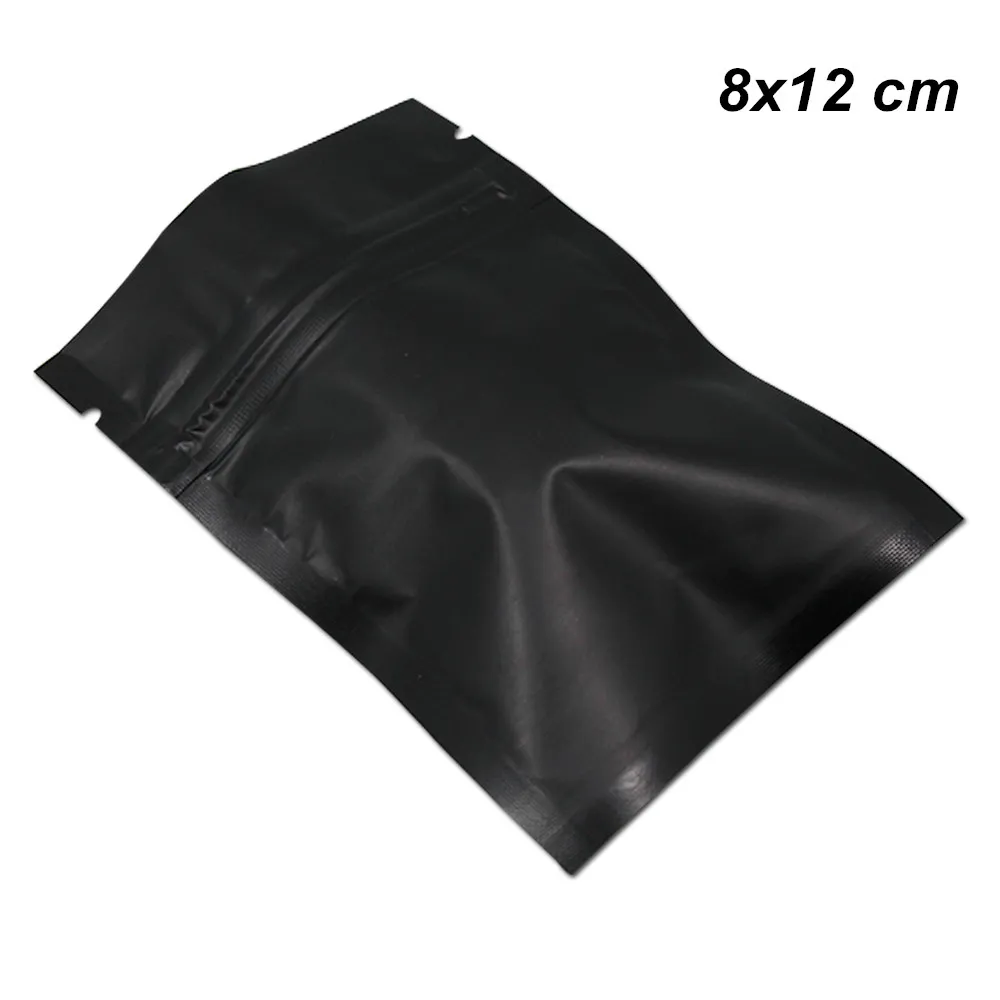 8x12 cm 200 pack Zipper verrouillage noir mat Mylar Sac de papier d'aluminium alimentaire à long terme de stockage Emballage Sac pour Café thé en poudre avec fermeture éclair