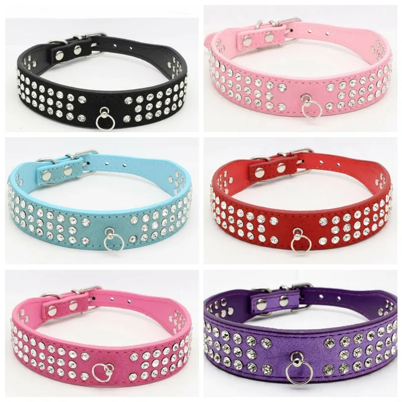 Colliers de chien de compagnie de strass de peau de daim de longueur personnalisée colliers de chien de trois rangées de diamants de cristal brillants