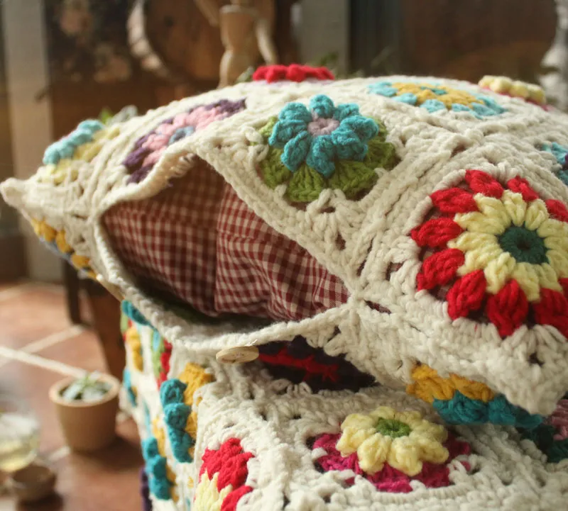 Almofada de crochê artesanal princess039s jardim designs cadeira almofada descrição travesseiro cootton flor quadrado 4040cm com fillin4997340