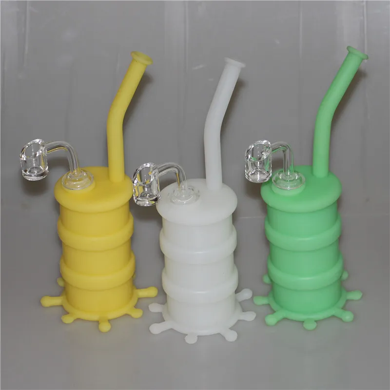 Groothandel Mini glow in the dark Silicone Rigs Dab Jar Bongs waterpijp Potten Waterpijp Silicon Oil Drum Rigs met quartz nail