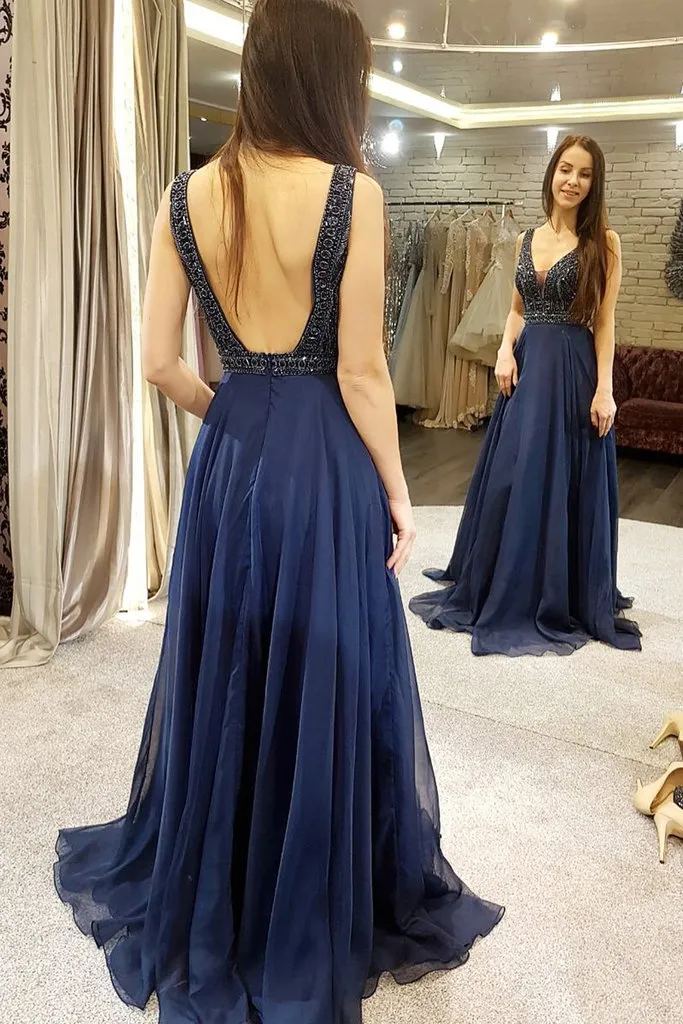 New Arrival 2018 Royal Blue Burgundy Prom Dresses Deep V Neck Otwórz z Beaded Cekiny Najlepsze Szyfonowe Długie Wieczór Formalne Suknie Pagewne