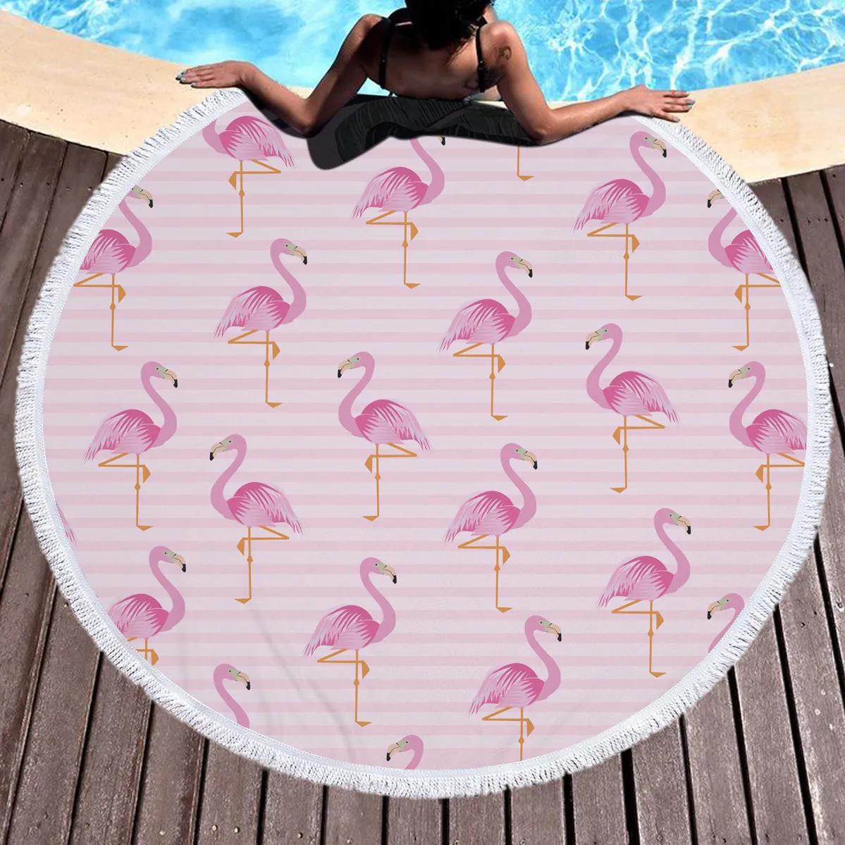 Flamingo Beach Towel 150 * 150センチ丸タッセルピクニック毛布夏の水泳用バスタオル漫画ショールヨガマットC4256