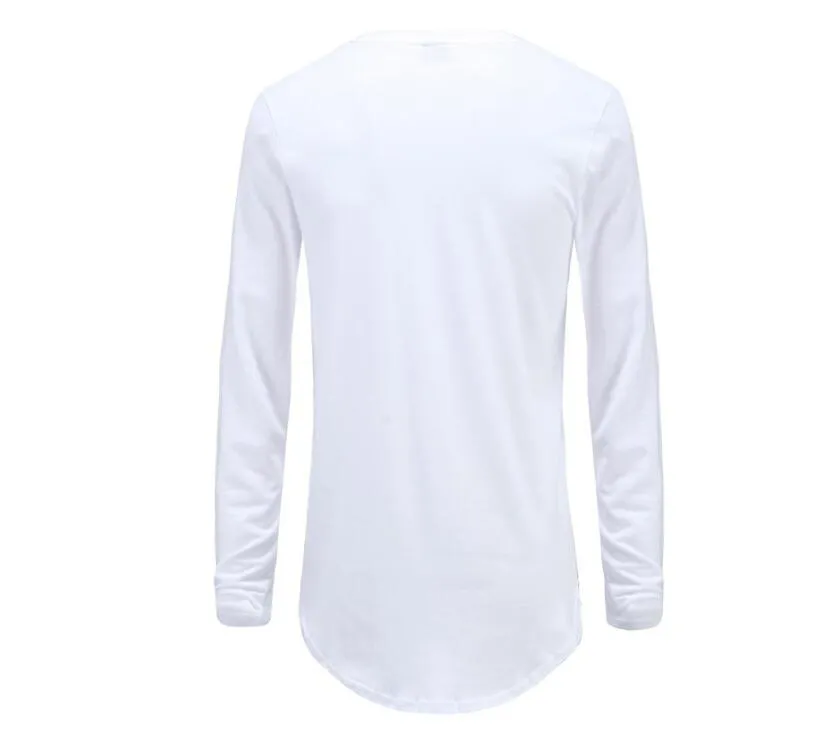 New Trends Men T shirts Super Longline Long Sleeve T-Shirt Hip Hop Arc hem With Curve Hem Side Zip Tops tee