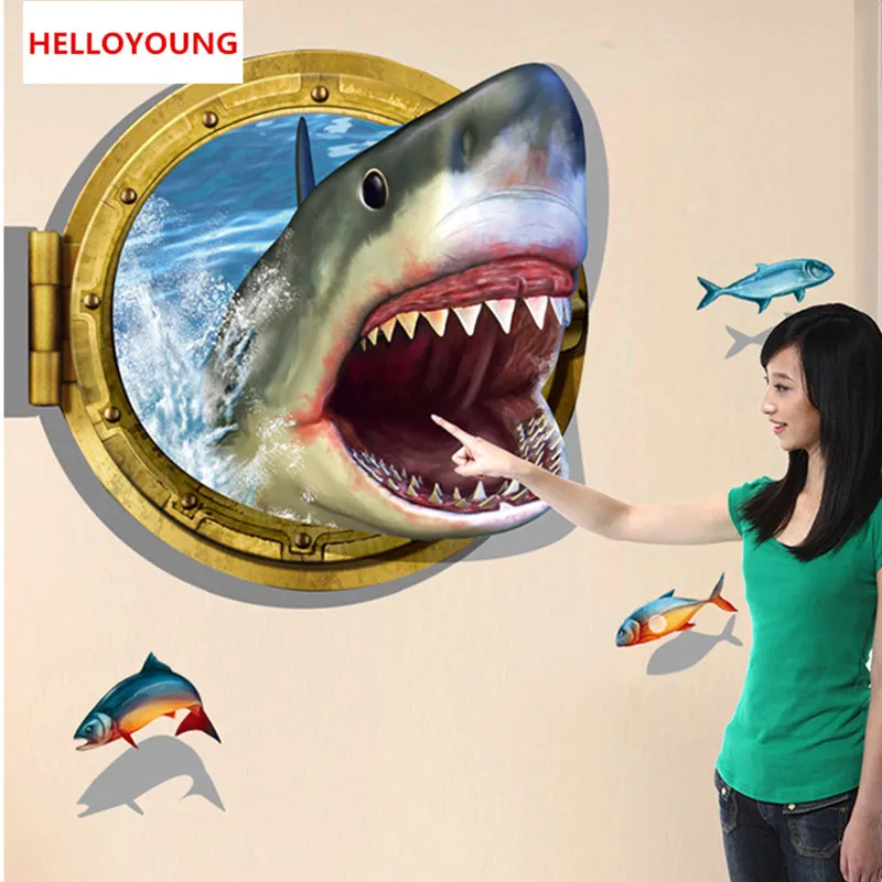 DIY 3D Dno Sea Shark Naklejki Ścienne Vivid World Art Sticker Sypialnia Wystrój Domu Naklejka Wodoodporna Tapeta