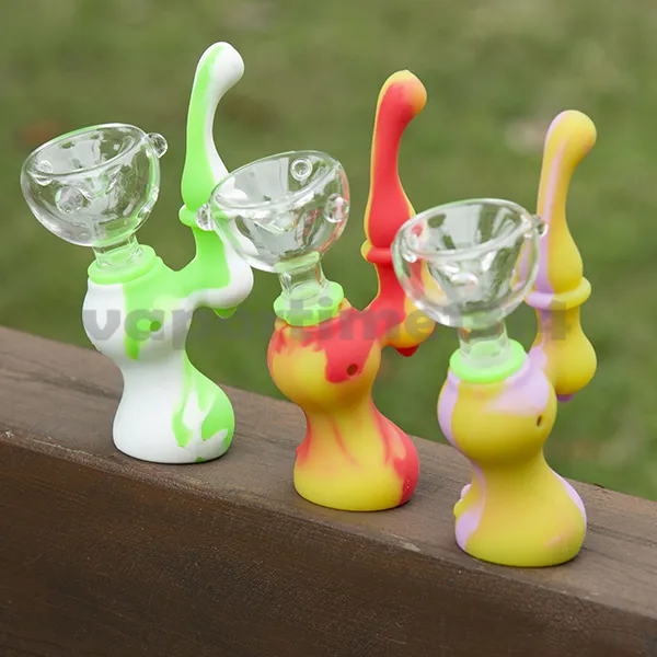 Silicon Bubbler with glass bowl Silicon Downstem Silicone Smoking Pipe Herb Water Pipes Portable Hand Hookah Tobacco Dry Colors 488