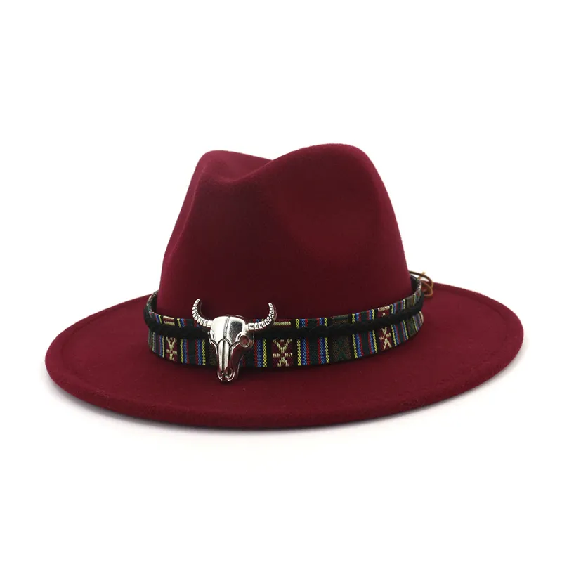 Cappello Fedora da cowboy a tesa larga unisex Testa di toro Decorazione Uomo Donna Feltro di lana Trilby Cappelli da giocatore d'azzardo Jazz Panama Caps229C