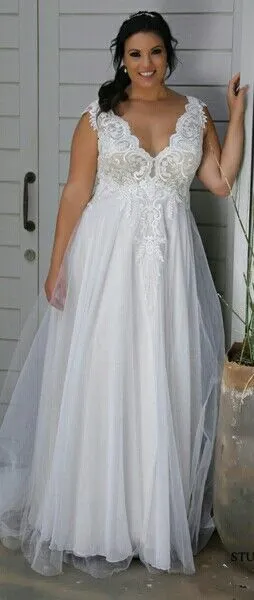 Bescheiden plus size trouwjurken v nek Backless a line bruidsjurken met appliques abiti da sposa kant trouwjurk1562402