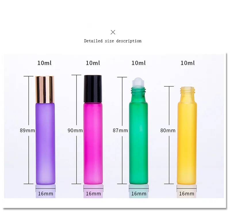 Bouteille à rouleau en verre de 10 ml avec boule à roulettes en acier inoxydable, couleur mate, petites huiles essentielles, bouteille d'échantillon rechargeable, emballage cosmétique