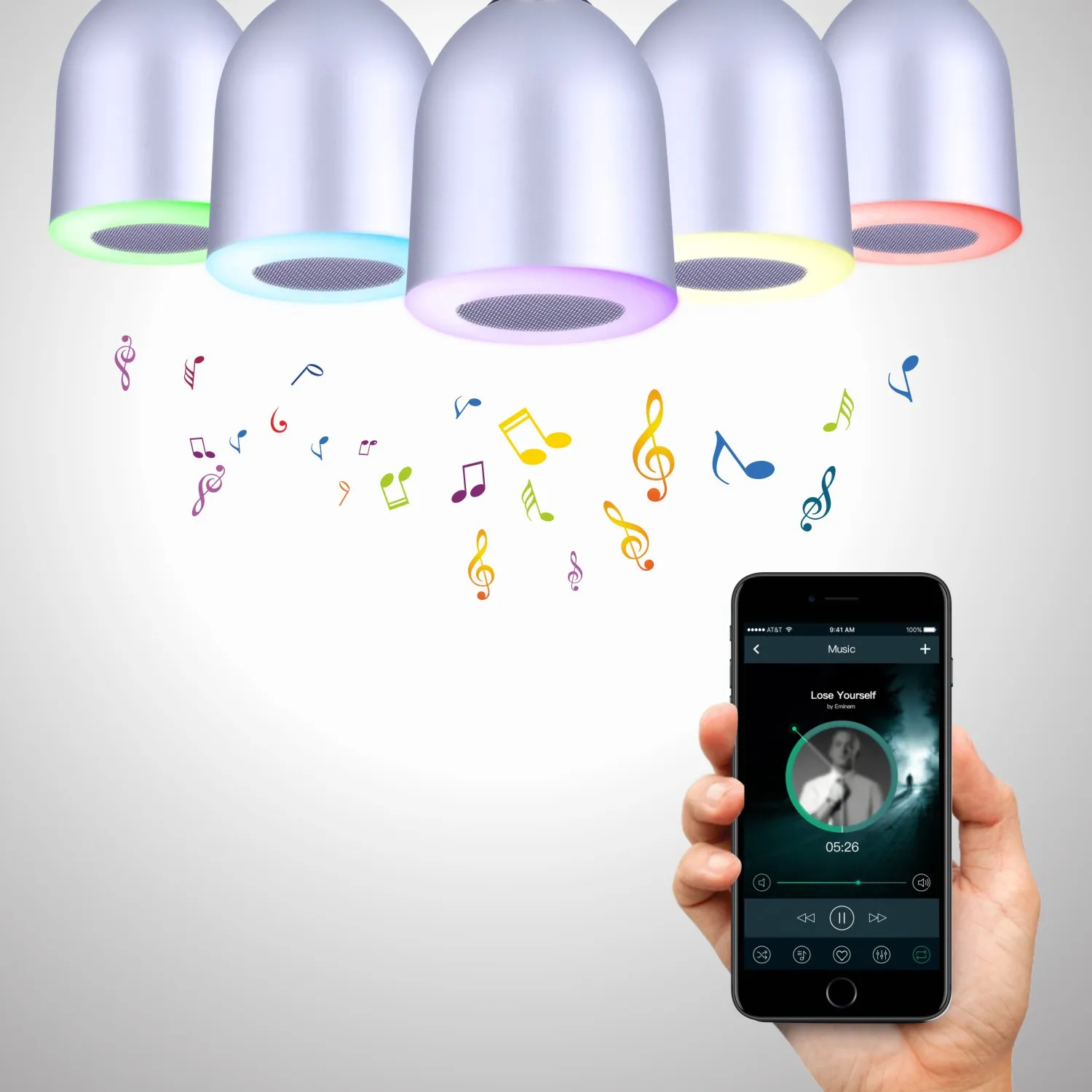 Bluetooth-högtalare E27 LED-lampa Färgrik lampa för iOS Android Smart Phone PC Musikspelare Lampa Färger Justerbar trådlös av DHL