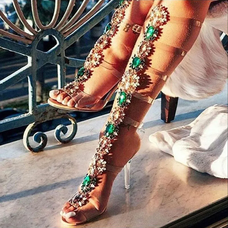 Girl's Summer diamond boots Multi Gem Rhinestone Flower Decor PVC Straps Knee Sandals Booties Transparent High Heel Buckle Crystal Long Sandalias Botas