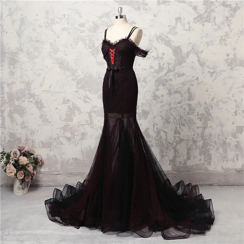 2018 Fancy Elegant Evening Dresses Spaghetti Sleeveless Tulle Prom Gowns Back Lace-Up Sweep Train Custom Made Formal Party Gowns