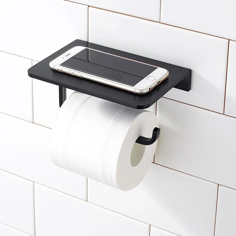 Zilveren zwarte ruimte aluminium papierhouder met mobiele telefoon plank toiletpapier houder waterdichte wandgemonteerde badkamer toiletpapierhouder