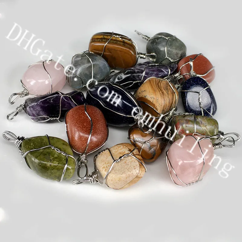 10pcs 25-30mm 자유형 자연 텀블러 스톤 펜던트 와이어 래핑 된 Unakite Labradorite Amethyst 펜던트 매력 Boho Chic Gypsy Hippie Jewelry