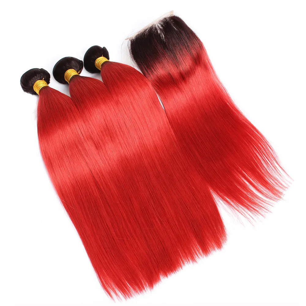 T1b röd mörk rot ombre peruanskt mänskligt hår väv 3 buntar med stängning rakt ombre röda bunt handlar om spetsfrontlås 4x4