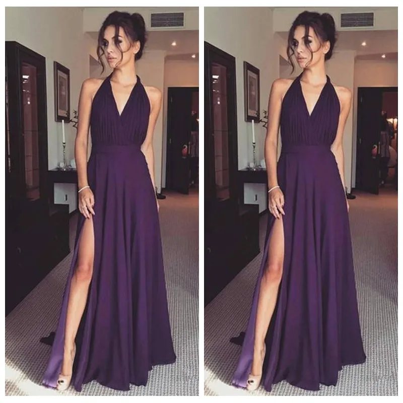 Vestidos de noche largos morados oscuros Halter con cuello en V una línea de Split palabra Vestidos de noche largos morados oscuros Halter con cuello en V una línea de Split palabra