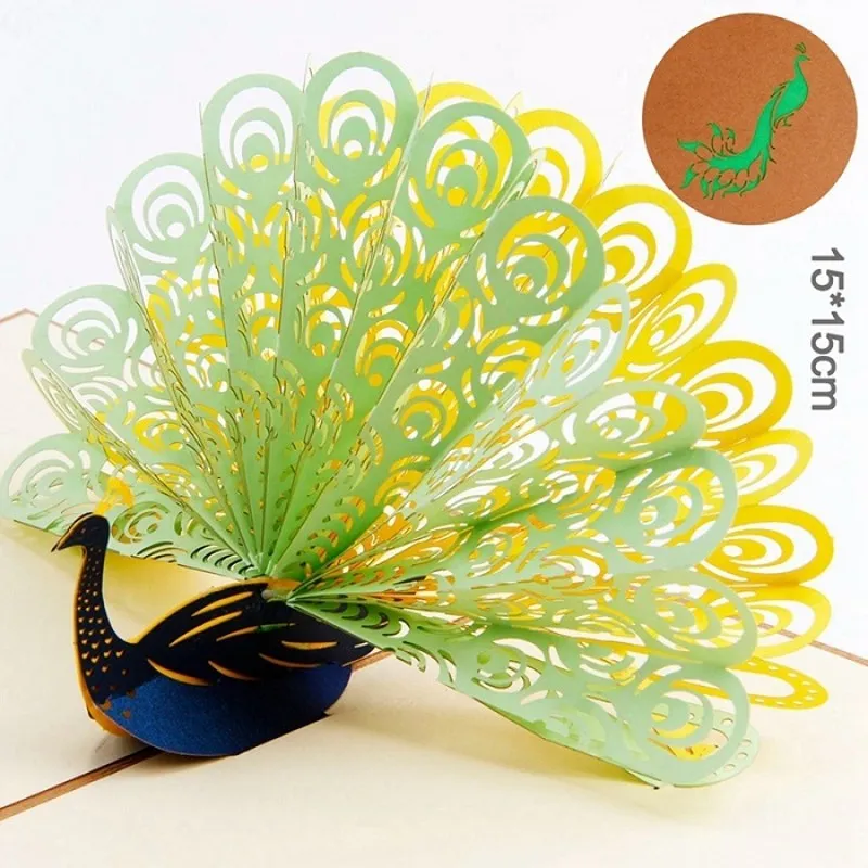 3D Peacock Pop -Up wenskaart laser snijden retro enveloppen ansichtkaart holle gesneden handmade bedankt uitnodigingskaart kirigami o1395431