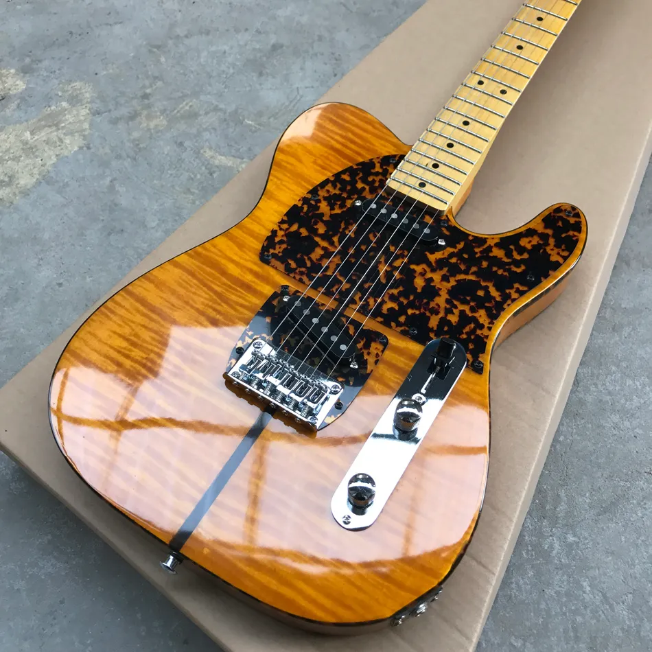 في الأسهم الأمير HS Anderson Hohner Madcat Mad Cat Flame Maple Top Back Yellow Electric Guitar Guitar Leopard Pickguard و Red Turtle Body Binding