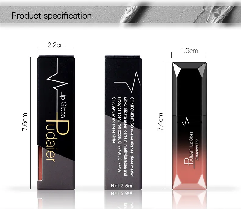 Pudaier ماتي السائل أحمر الشفاه Lipgloss 21 ألوان المهنية مرطب الشفاه لمعان 7.5ml dhl مجانا