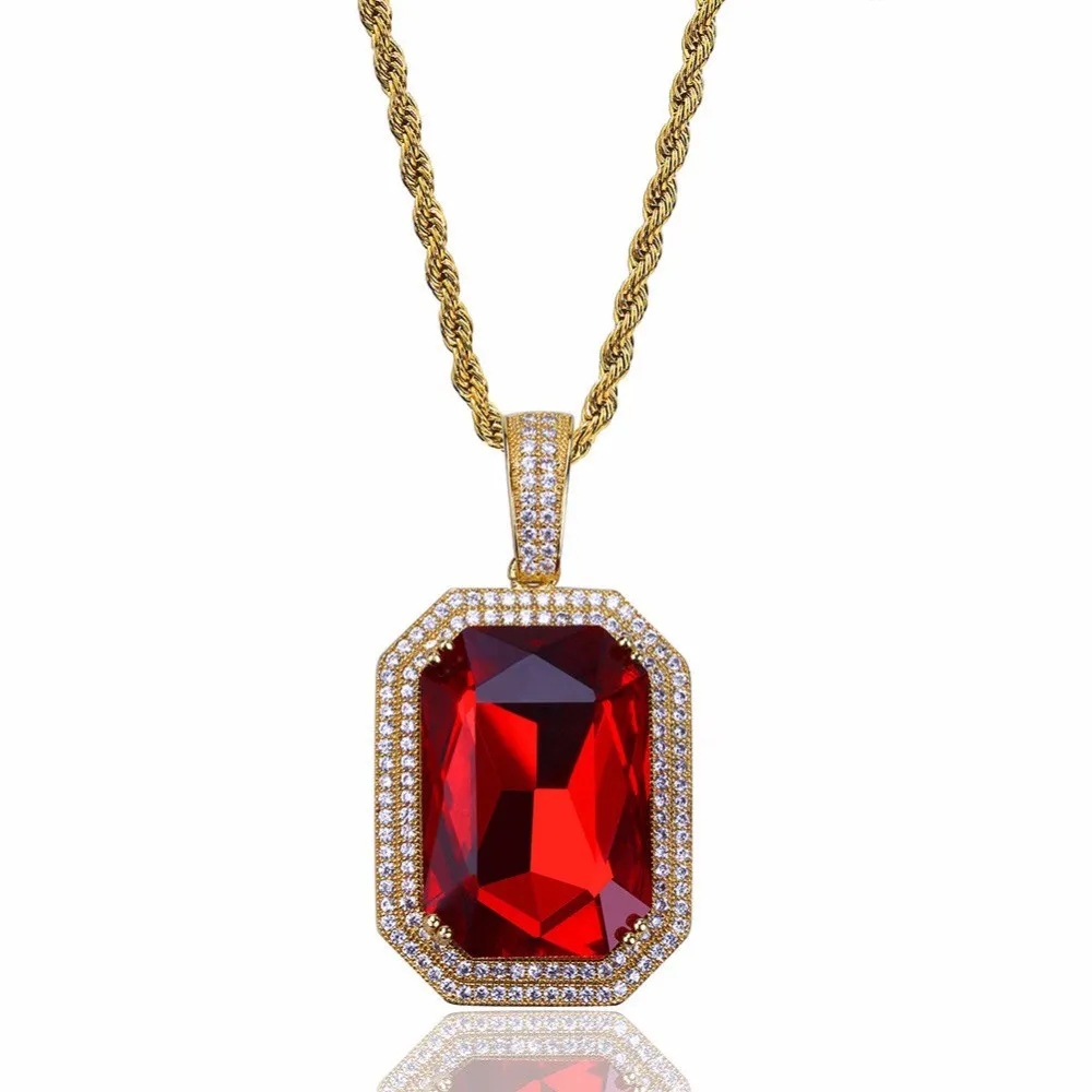 Hip Hop – collier avec pendentif en pierre rouge, couleur or glacé, Micro pavé CZ, chaîne en corde de 60cm