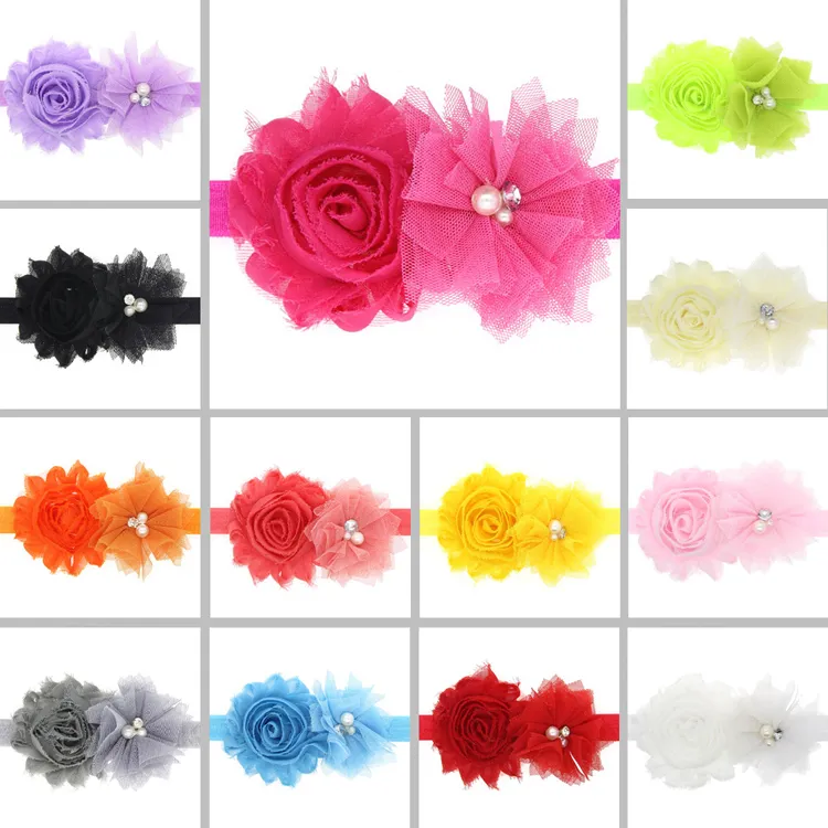 15 Kolor Gril Baby 2 Kwiaty Zespoły Do Włosów Pearl Kryształ Szyfonowy Kwiat Kombinacja Zestaw Elastyczne Opaski Headwear Head Band Akcesoria do włosów