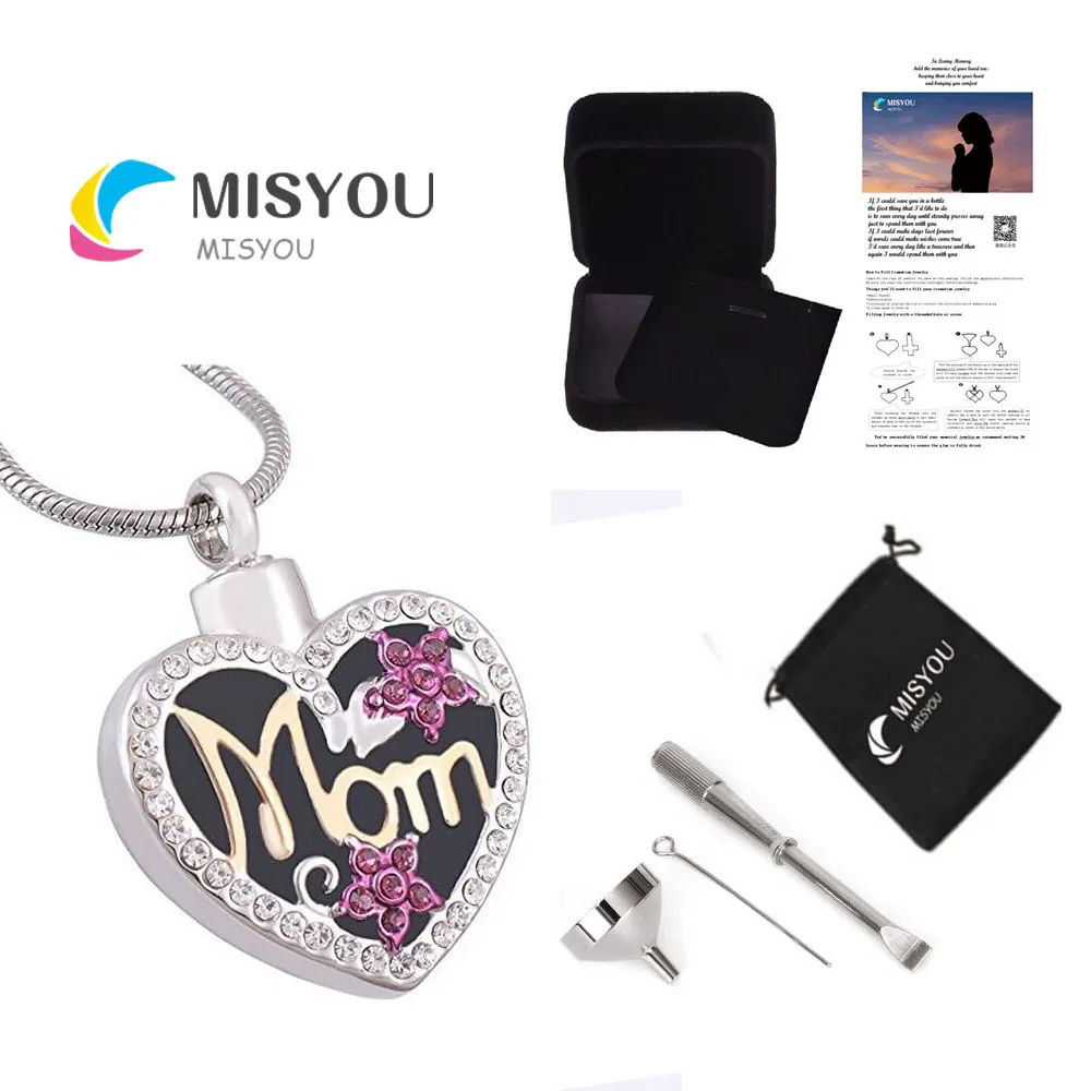 Funeral Cremation Urns Pendant Smycken Diamond Heart Mom Kan öppna rostfritt stål Mark familj husdjur halsband