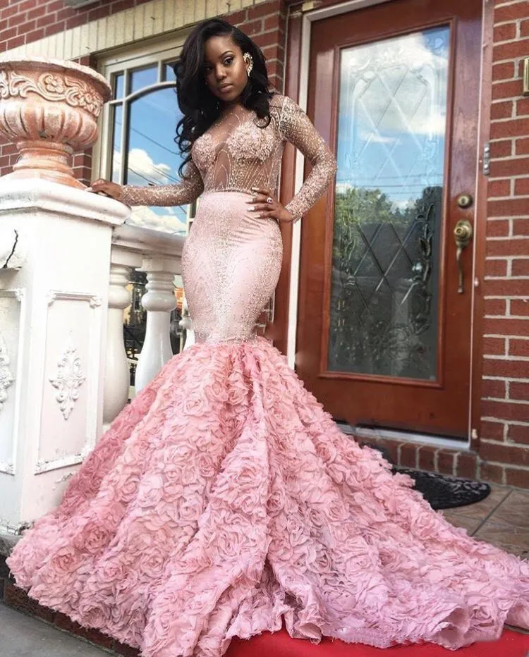 2018 Unique Mermaid Prom Dresses Design Luxury Pink Sheer Neck Sexy Abiti da festa africani Abiti occasioni speciali Abiti da sera