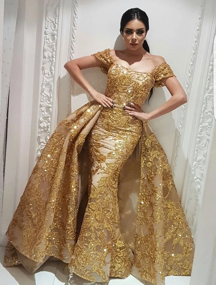 Mermaid Prom Dresses with Gold Sequins Lace Detachable Overskirt Train Sparkly Dubai Arabic Occasion Gowns