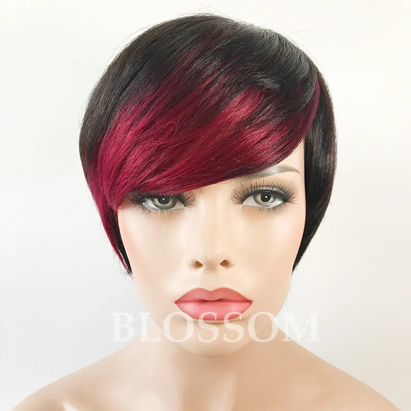 New Ombre Short Huaman Hair Wigs red highlight bangs pixie cut capless human hair wigs for black woman
