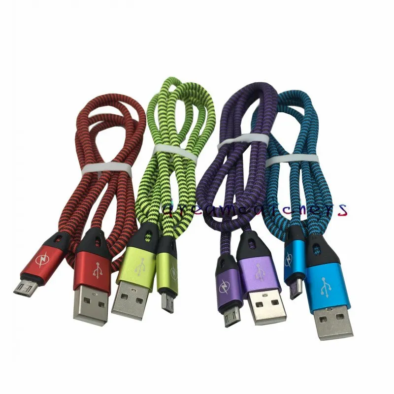 New Arrive Metal Head Fat Noodle Braided Woven Cord Sync Data Micro USB Cable 1M 3FT Wire for Samsung HTC Smartphone