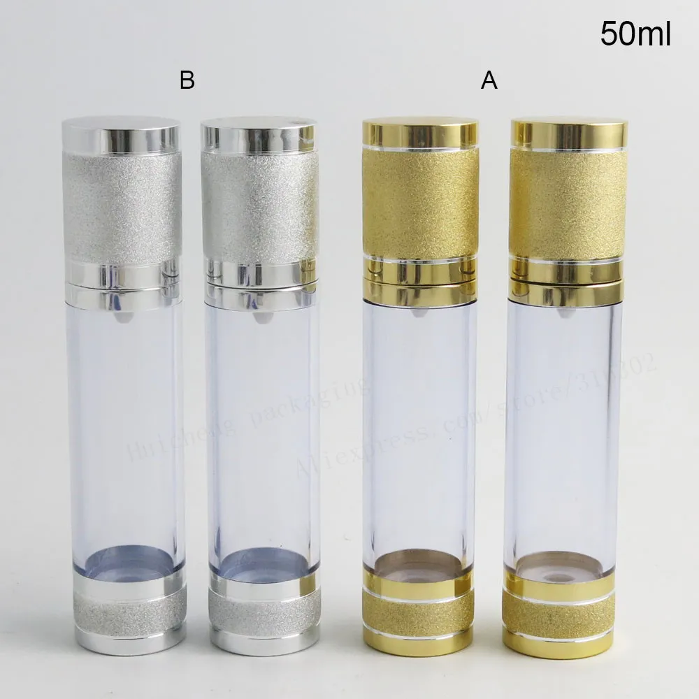 200 x 50ml Gold Silver Travel Refillable Airless kremowe balsam pompy butelki próżniowe opakowania kosmetyczne 50cc Airless pojemniki