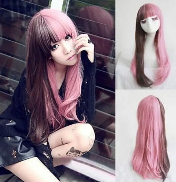 Бесплатная доставка + + + + мода-Лолита-коричневый-розовый-волосы-длинные кудрявые волнистые парики
