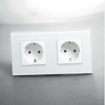 Gratis verzending, EU Double Power Socket Schuko, White Crystal Glass Panel, 16A EU Standaard Wall Outlet KP002EU-W