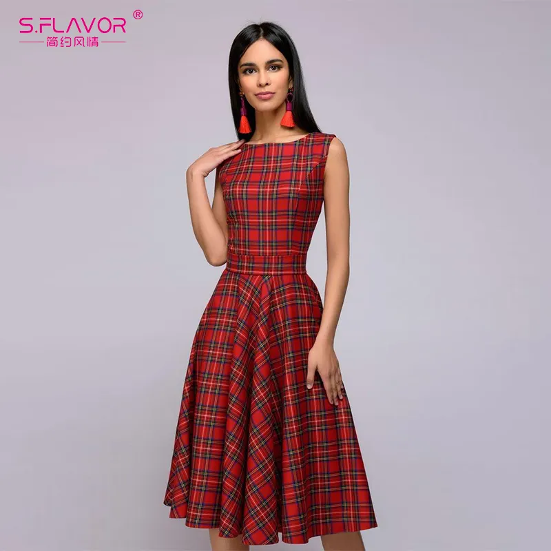 S.FLAVOR Scottish Plaid Long Dress 2018 Summer Fashion O Neck Sleeveless Thin A Line Casual Vestidos Beauiful Women Sexy Dress From 16 37 DHgate